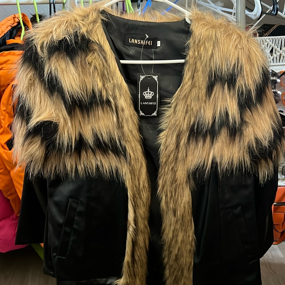 Faux leather and fur fashion coat